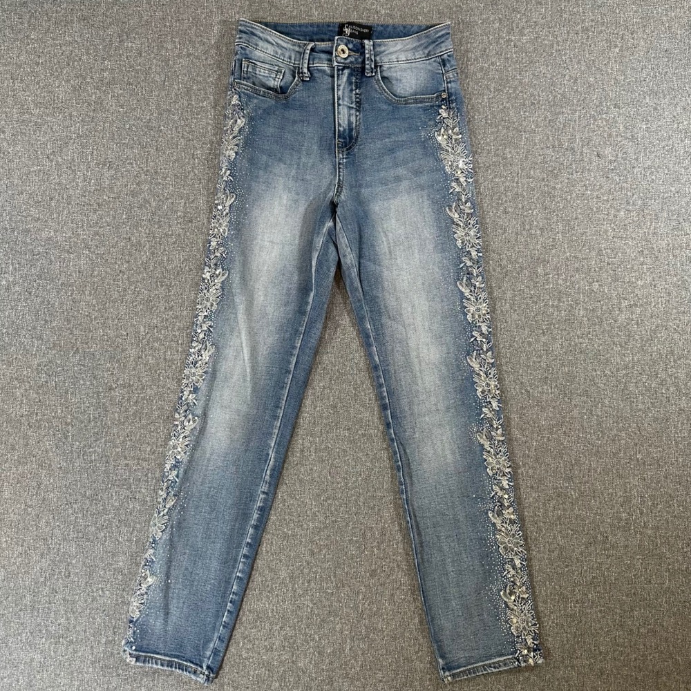 Alison Sheri Jeans Women XS Blue Floral Embroidered Rhinestone Sequin Denim Pant